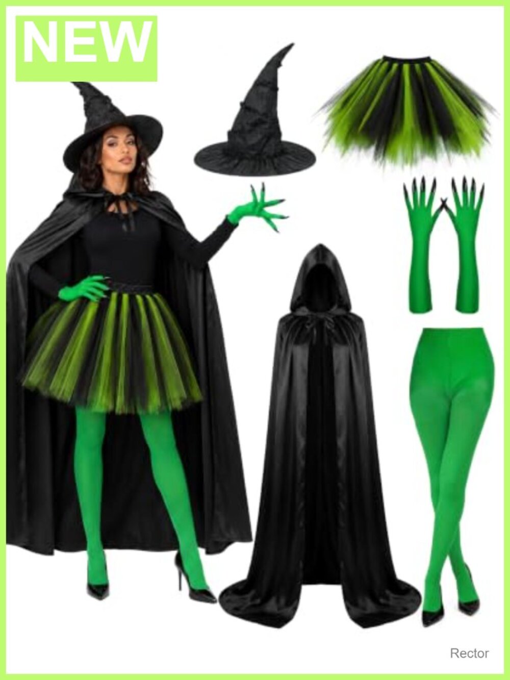 Women's Witch Costume Halloween Set Cape Hat Gloves Tights Skirt